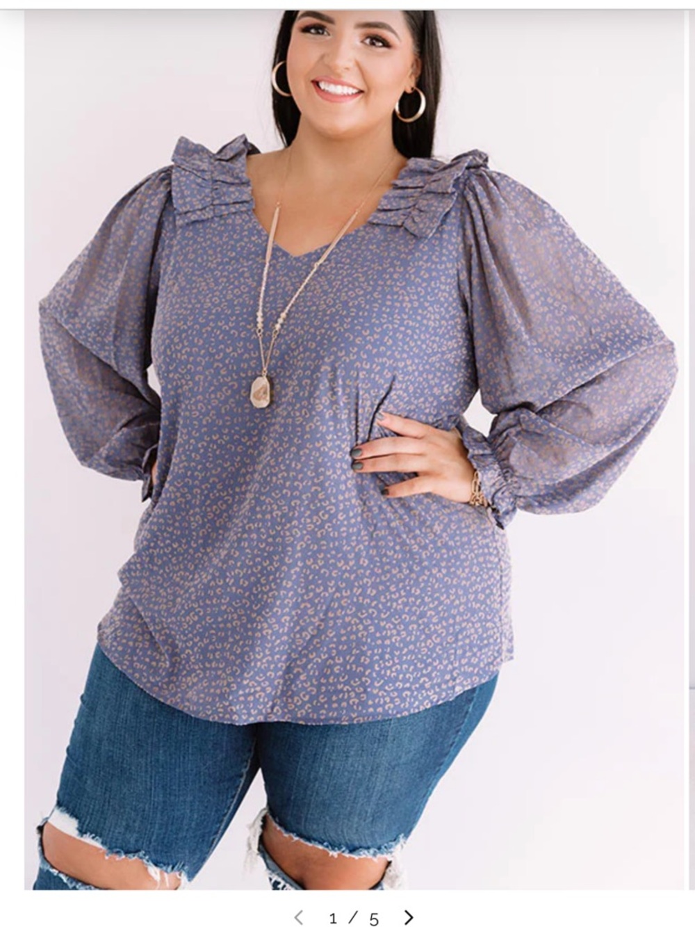 entro Dusty Blue Metallic Dot Ruffle Shoulder Pleats Blouse